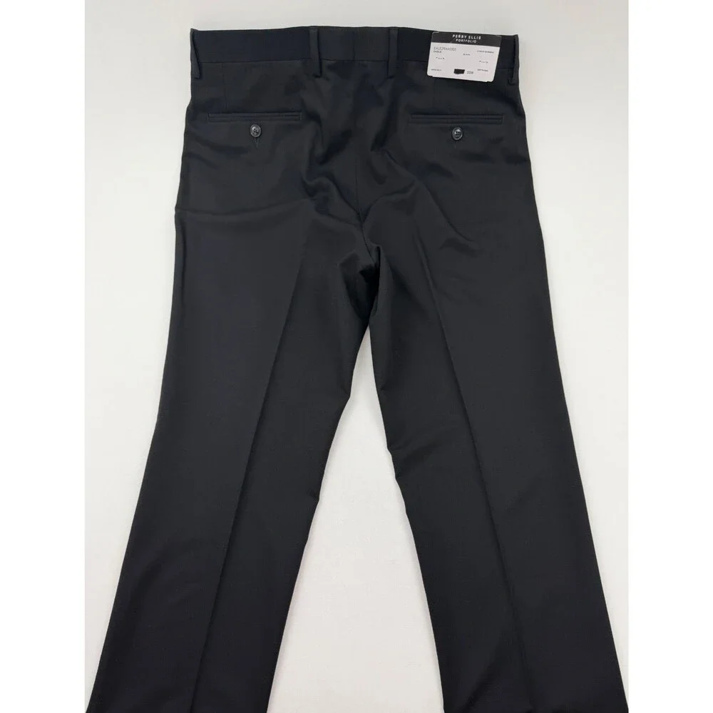 $395 NEW PERRY ELLIS Mens 38S Solid Black 2 Piece Suit With Dress Pants 31x30